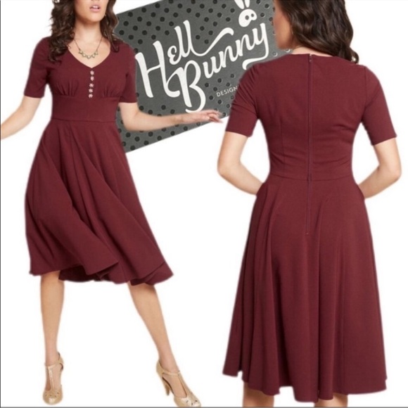 NWT Hell Bunny Burgundy Red Embellished Rhinestone Fit & Flare ModCloth Holiday - Picture 4 of 12